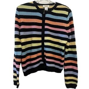 Vintage Talbots Striped Zip Front Cardigan Sweater MED Cotton Blend Made Korea